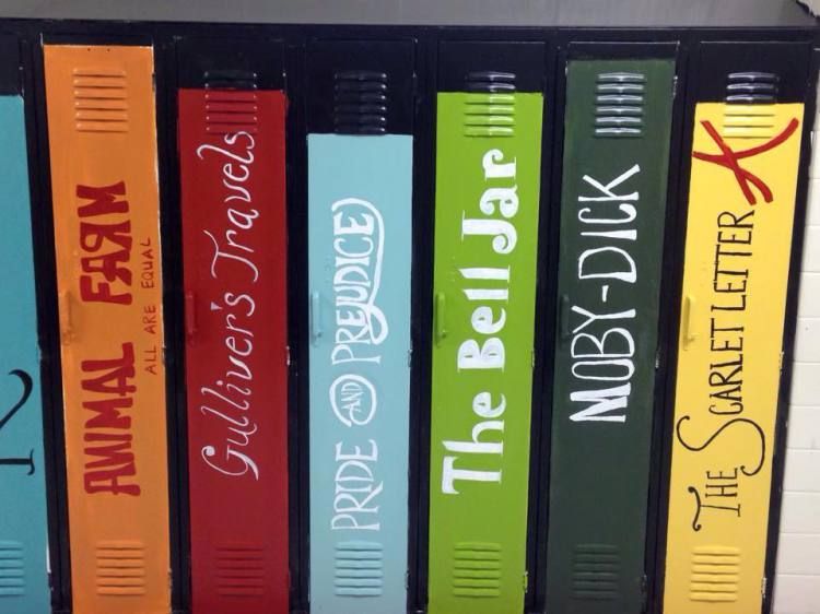 lockers painted to look like book spines