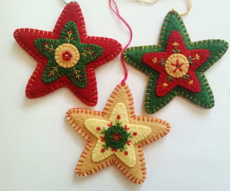 sewn felt ornaments in the shape of stars