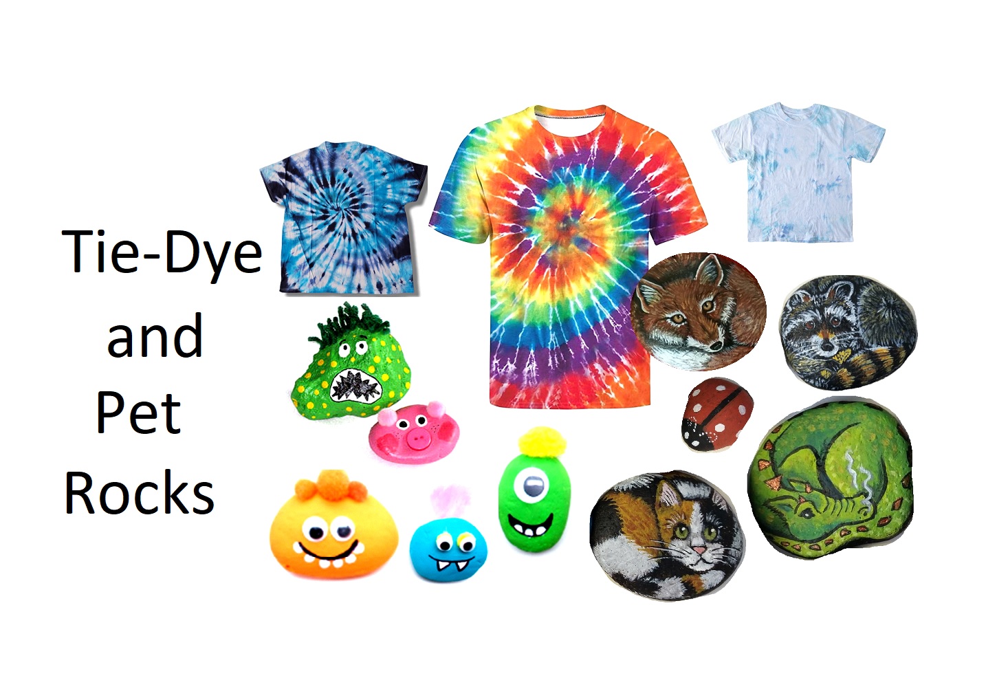 tie dye tshirts and pet rock examples