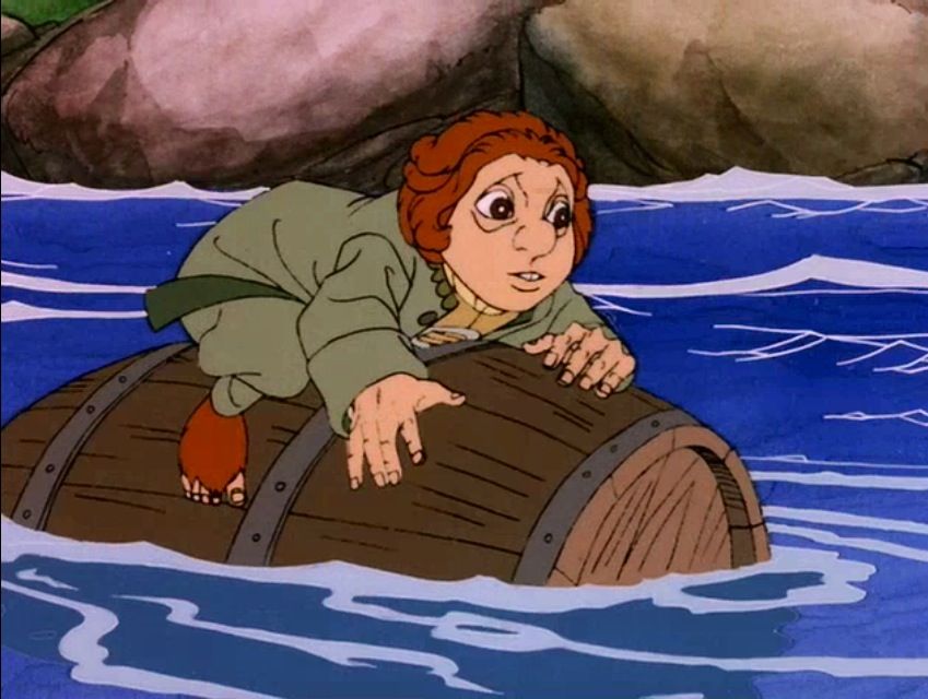 Bilbo the hobbit rides a floating barrel in the river