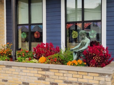 planter with mums